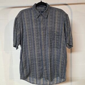 Vintage 90s ENRO Short Sleeve Button Shirt Geometric Blue Tan Mens M 100% Cotton